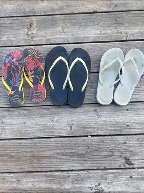 Three Pairs of Flip Flops - Tropical Print, Black, Light Gray